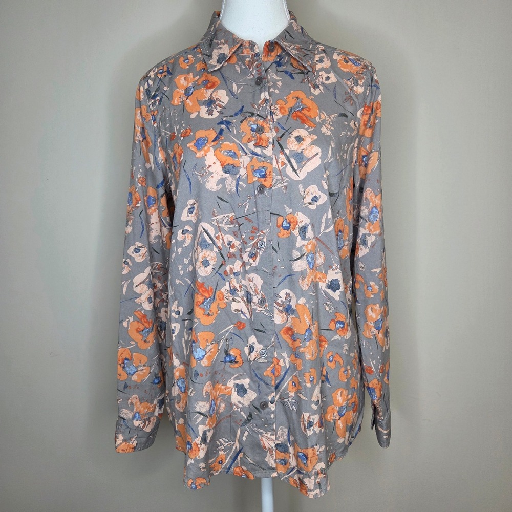 Orvis Womens Small 100% Silk Floral Poppy Button Down Shirt Grey Orange Long Slv